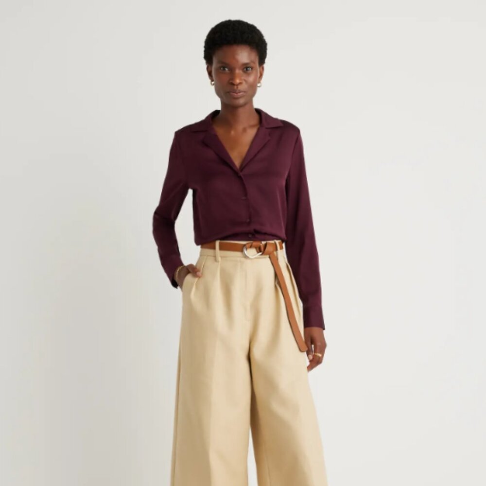 Quince Washable Silk Notch Collar Blouse, S, NWT Wine